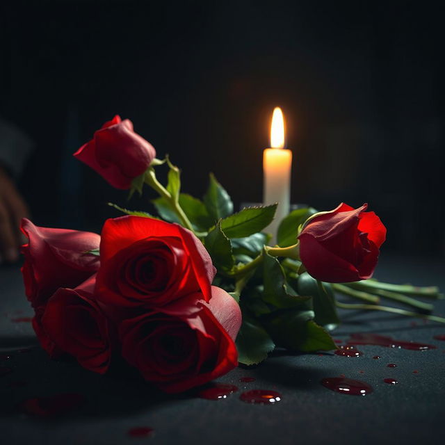 A chilling Valentine's Day horror movie scene, capturing a blood-soaked bouquet of roses on a dark, ominous table