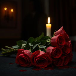 A chilling Valentine's Day horror movie scene, capturing a blood-soaked bouquet of roses on a dark, ominous table