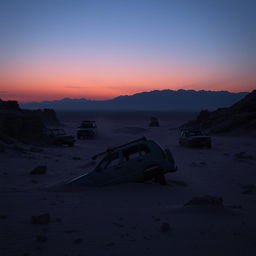 A chilling desert landscape with rugged, rocky terrain under a twilight sky