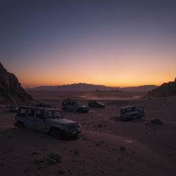 A chilling desert landscape with rugged, rocky terrain under a twilight sky