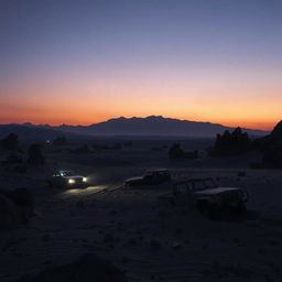 A chilling desert landscape with rugged, rocky terrain under a twilight sky