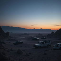 A chilling desert landscape with rugged, rocky terrain under a twilight sky