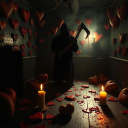 A terrifying scene from a Valentine's Day horror movie, inspired by the eerie and suspenseful atmosphere of classic horror films