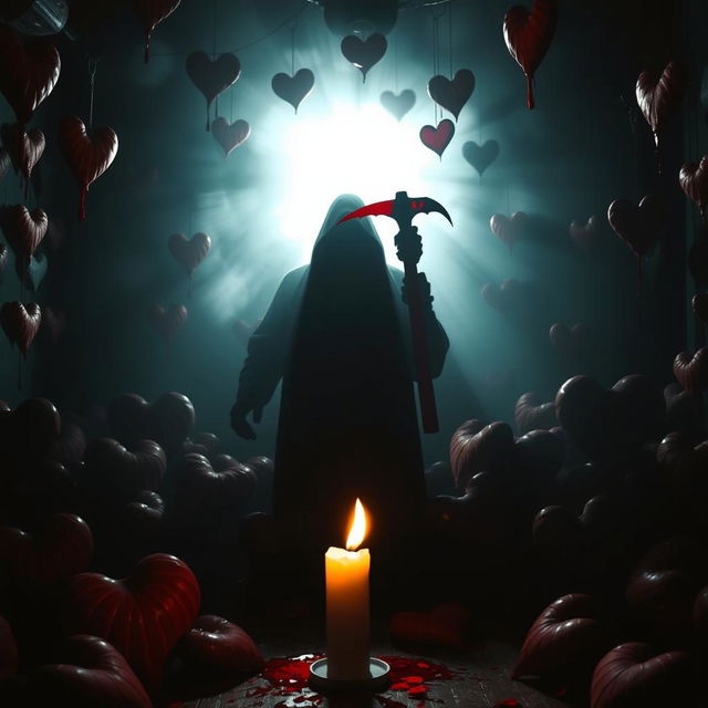 A terrifying scene from a Valentine's Day horror movie, inspired by the eerie and suspenseful atmosphere of classic horror films