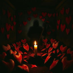 A terrifying scene from a Valentine's Day horror movie, inspired by the eerie and suspenseful atmosphere of classic horror films