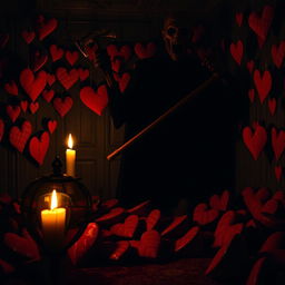 A terrifying scene from a Valentine's Day horror movie, inspired by the eerie and suspenseful atmosphere of classic horror films