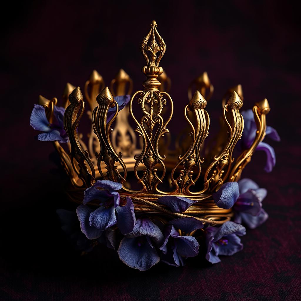 A captivating dark romance book cover design featuring a golden crown adorned with iris flowers