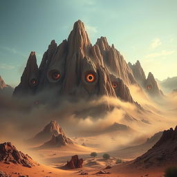 A terrifying and surreal desert landscape inspired by horror movies, featuring grotesque, oversized eyeballs embedded into a craggy mountain range