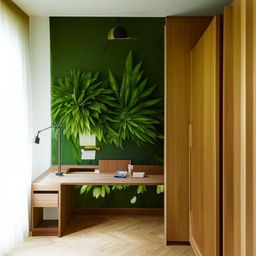 A modern bedroom featuring a green designer wall, a canopy bed, a study table attached to the wall, a window filled with lush greenery, bathed in warm yellow light, and a wooden sliding wardrobe