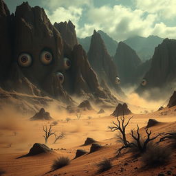 A terrifying and surreal desert landscape inspired by horror movies, featuring grotesque, oversized eyeballs embedded into a craggy mountain range