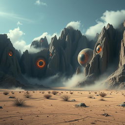 A terrifying and surreal desert landscape inspired by horror movies, featuring grotesque, oversized eyeballs embedded into a craggy mountain range