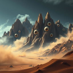 A terrifying and surreal desert landscape inspired by horror movies, featuring grotesque, oversized eyeballs embedded into a craggy mountain range