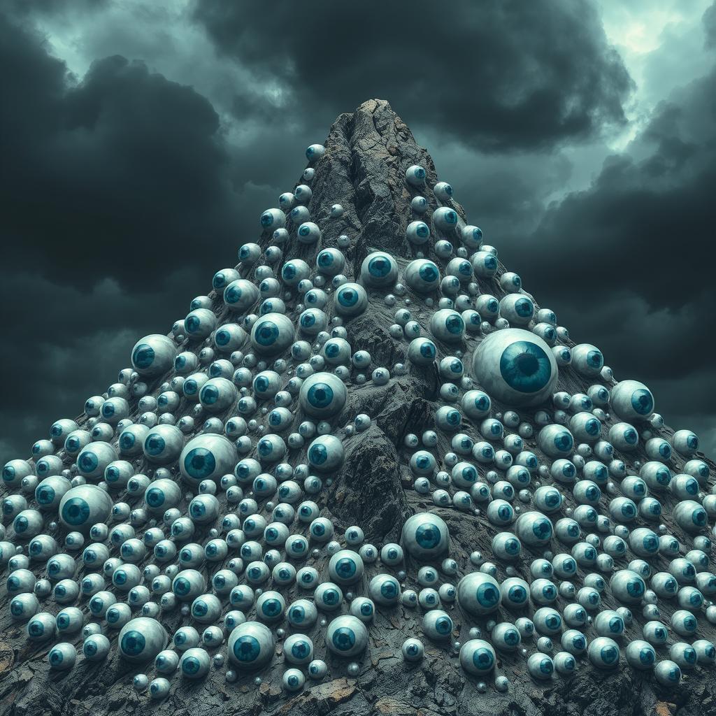 A surreal and eerie landscape of a mountain with countless giant eyeballs embedded into its rocky surface