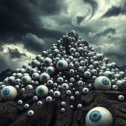 A surreal and eerie landscape of a mountain with countless giant eyeballs embedded into its rocky surface