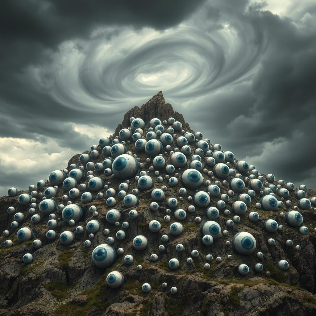 A surreal and eerie landscape of a mountain with countless giant eyeballs embedded into its rocky surface