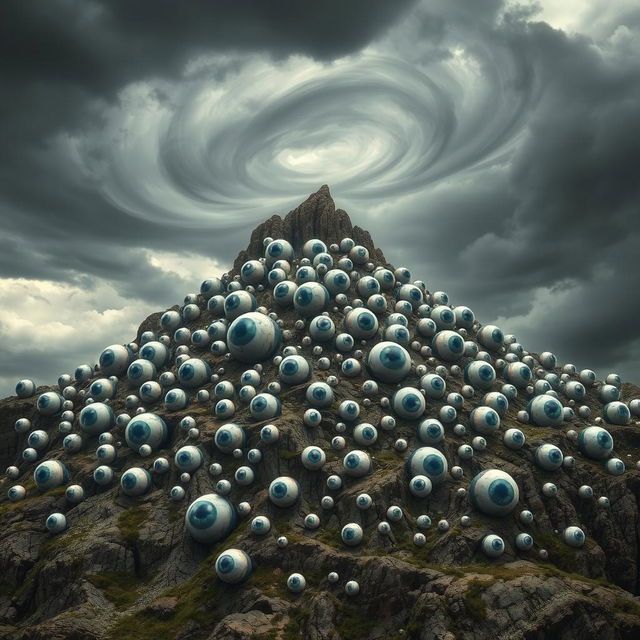 A surreal and eerie landscape of a mountain with countless giant eyeballs embedded into its rocky surface