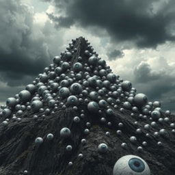 A surreal and eerie landscape of a mountain with countless giant eyeballs embedded into its rocky surface