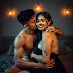 A 19-year-old handsome Indonesian man with an athletic body and pure white skin affectionately hugging a beautiful 38-year-old woman with a sturdy and sexy body from behind