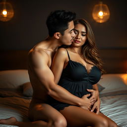 A 19-year-old handsome Indonesian man with an athletic body and pure white skin affectionately hugging a beautiful 38-year-old woman with a sturdy and sexy body from behind