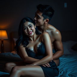 A 19-year-old handsome Indonesian man with an athletic body and pure white skin affectionately hugging a beautiful 38-year-old woman with a sturdy and sexy body from behind