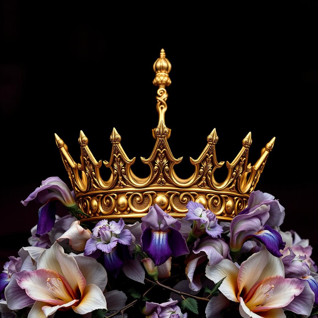 A captivating dark romance book cover design, elongated to capture the entire scene, featuring a golden crown adorned with iris flowers