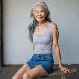 A slim Asian elderly woman, sporting long grey hair, in a distressed and ripped tank top, paired with a mini skirt featuring a side slit, seated in a candid pose.