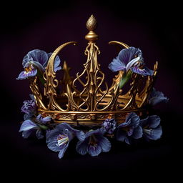 A captivating dark romance book cover design, elongated to capture the entire scene, featuring a golden crown adorned with iris flowers