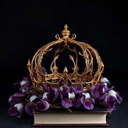 A captivating dark romance book cover design, elongated to capture the entire scene, featuring a golden crown adorned with iris flowers