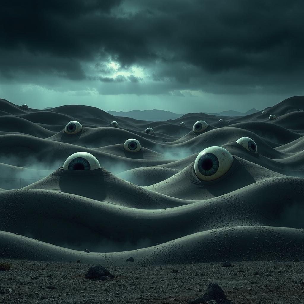 A disturbing and eerie landscape inspired by horror movies, with grotesque, oversized eyeballs embedded in undulating hills