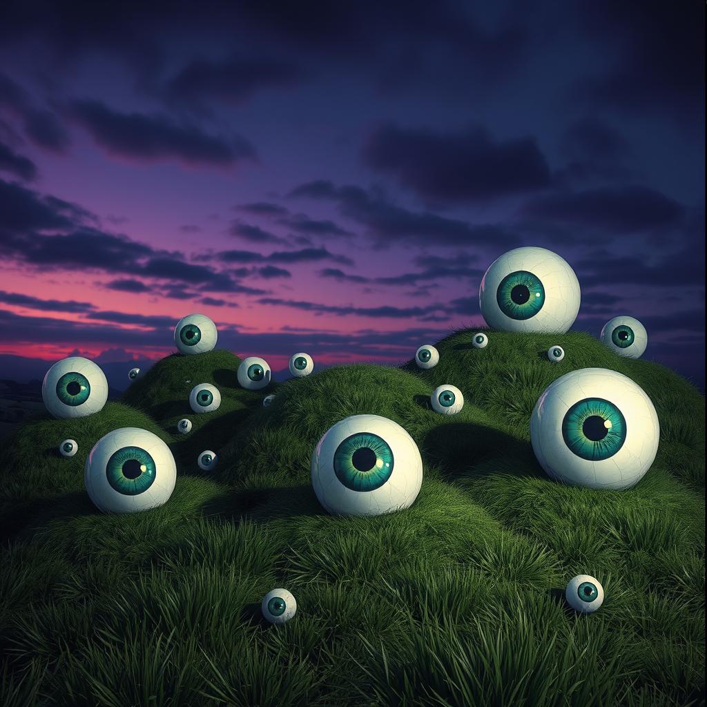 An unsettling and bizarre landscape depicting hills with various sizes of giant eyeballs protruding from their grassy surfaces