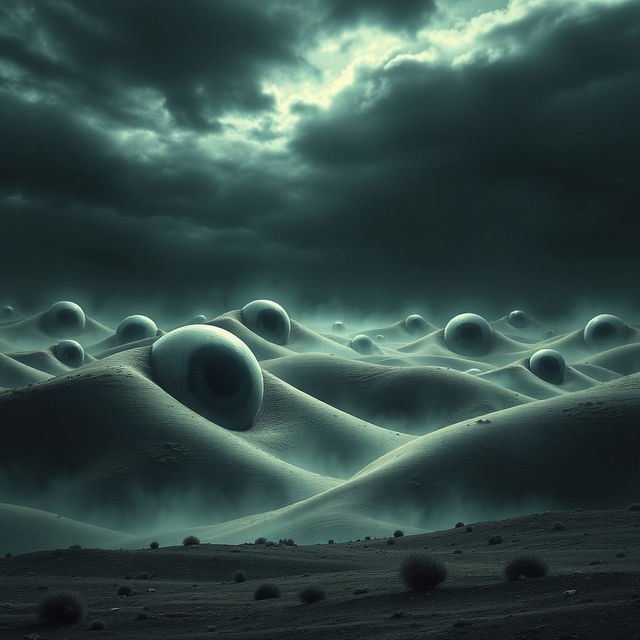 A disturbing and eerie landscape inspired by horror movies, with grotesque, oversized eyeballs embedded in undulating hills