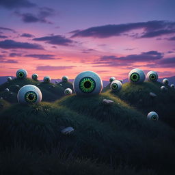 An unsettling and bizarre landscape depicting hills with various sizes of giant eyeballs protruding from their grassy surfaces