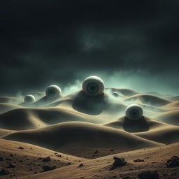 A disturbing and eerie landscape inspired by horror movies, with grotesque, oversized eyeballs embedded in undulating hills