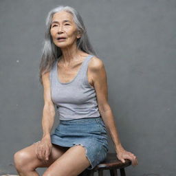 A slim Asian elderly woman, sporting long grey hair, in a distressed and ripped tank top, paired with a mini skirt featuring a side slit, seated in a candid pose.