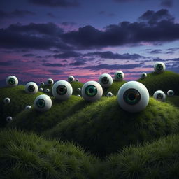 An unsettling and bizarre landscape depicting hills with various sizes of giant eyeballs protruding from their grassy surfaces