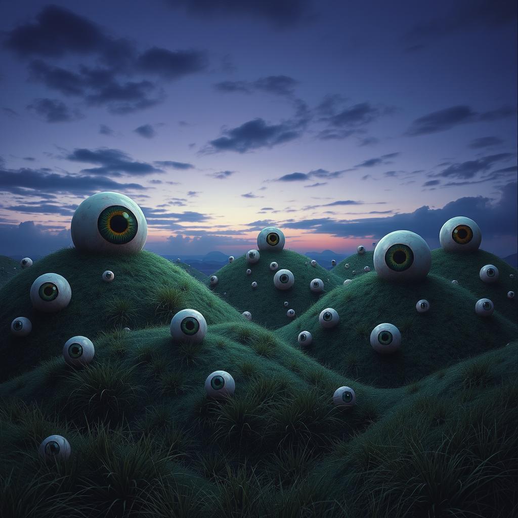 An unsettling and bizarre landscape depicting hills with various sizes of giant eyeballs protruding from their grassy surfaces