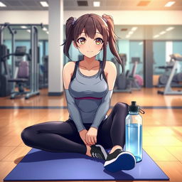 Anime girl at the gym, sitting on a yoga mat with her water bottle beside her