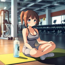 Anime girl at the gym, sitting on a yoga mat with her water bottle beside her