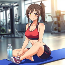 Anime girl at the gym, sitting on a yoga mat with her water bottle beside her