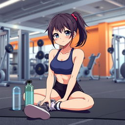 Anime girl at the gym, sitting on a yoga mat with her water bottle beside her