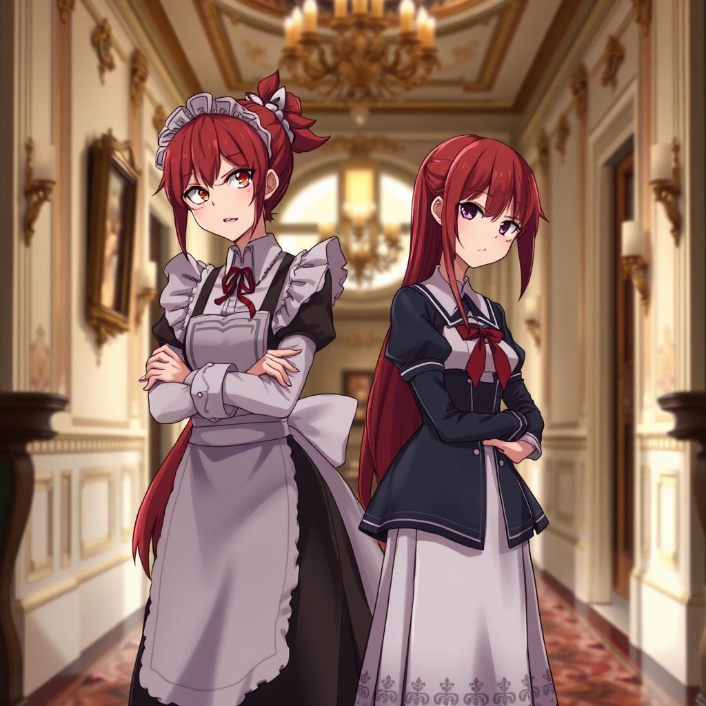 A red-haired maid in an isekai anime setting, showcasing her fierce and irritable nature, standing with her arms crossed in the hallway of a grand mansion