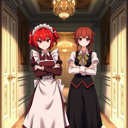 A red-haired maid in an isekai anime setting, showcasing her fierce and irritable nature, standing with her arms crossed in the hallway of a grand mansion