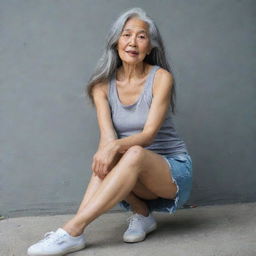 A slim Asian elderly woman, sporting long grey hair, in a distressed and ripped tank top, paired with a mini skirt featuring a side slit, seated in a candid pose.