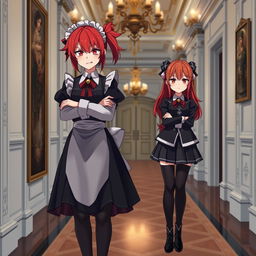 A red-haired maid in an isekai anime setting, showcasing her fierce and irritable nature, standing with her arms crossed in the hallway of a grand mansion