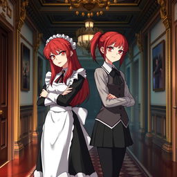 A red-haired maid in an isekai anime setting, showcasing her fierce and irritable nature, standing with her arms crossed in the hallway of a grand mansion