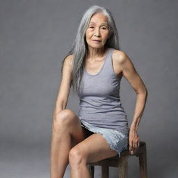 A slim Asian elderly woman, sporting long grey hair, in a distressed and ripped tank top, paired with a mini skirt featuring a side slit, seated in a candid pose.