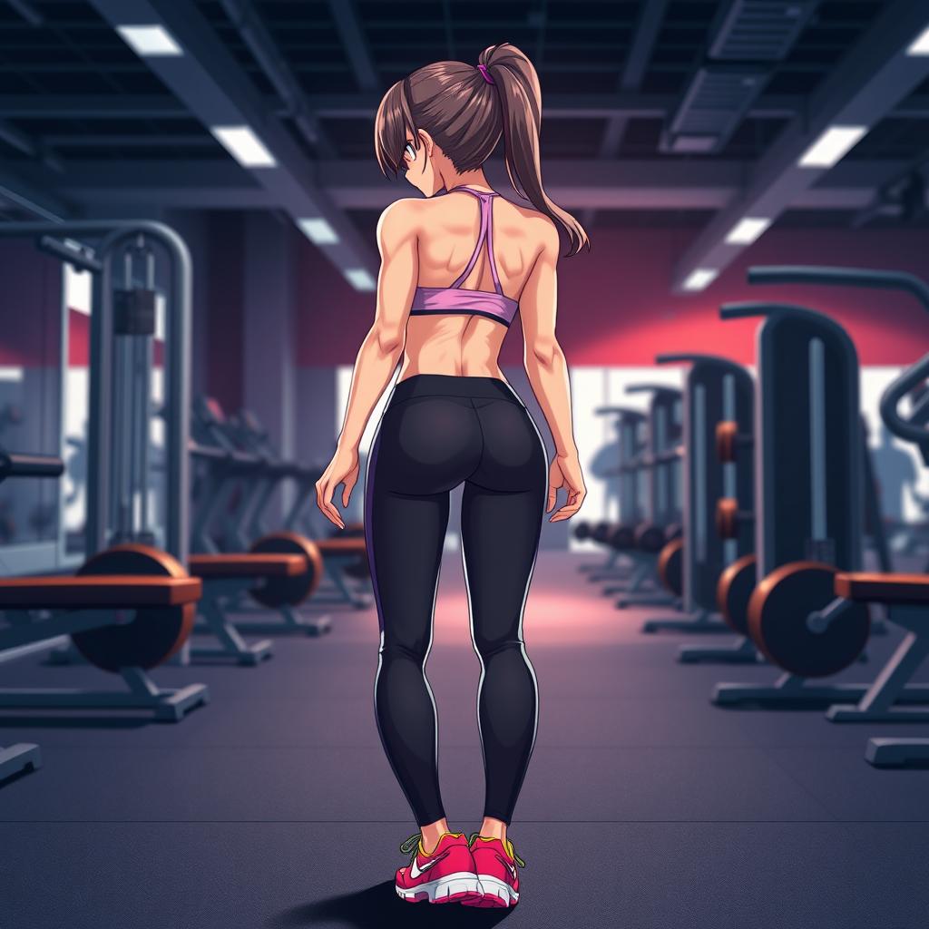 Anime girl at the gym, shown from a rear angle showcasing her toned fitness physique