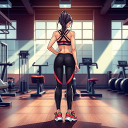 Anime girl at the gym, shown from a rear angle showcasing her toned fitness physique