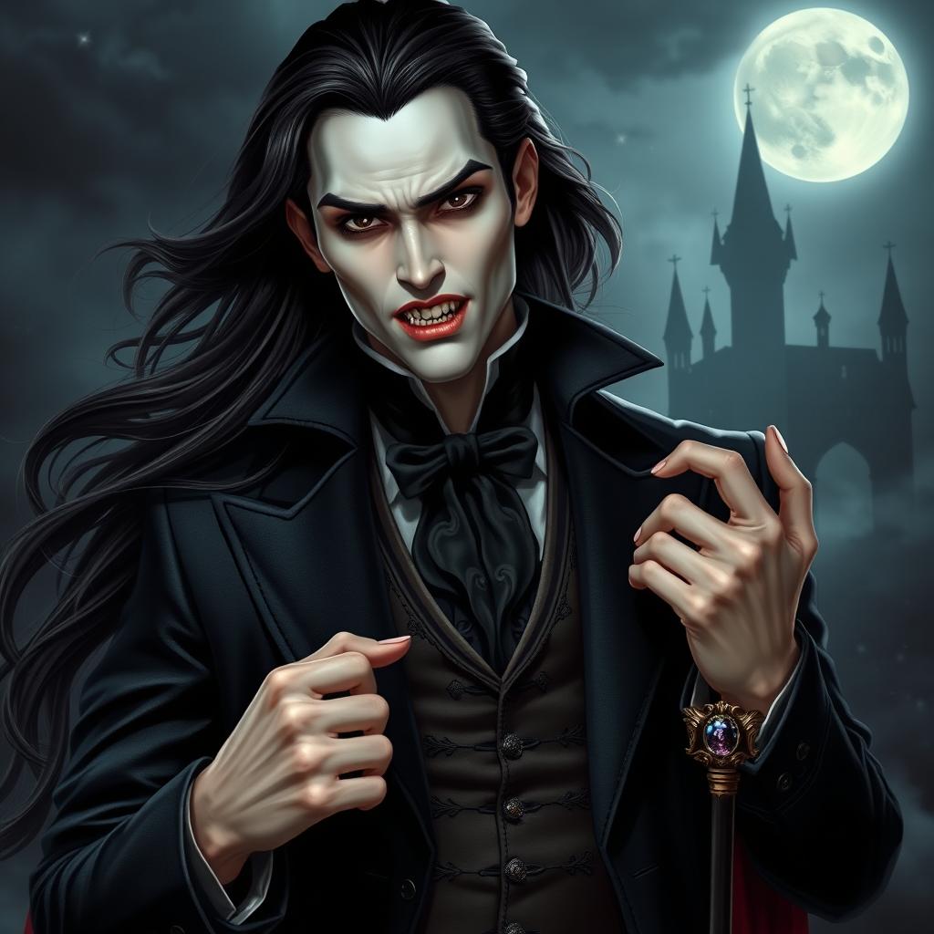 A mysterious and alluring vampire character with pale skin, sharp fangs, and mesmerizing dark eyes