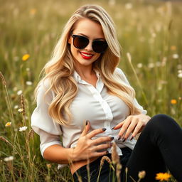 A glamorous MILF with a pretty hot face and sexy body is set in a picturesque meadow, enjoying the tranquility of nature